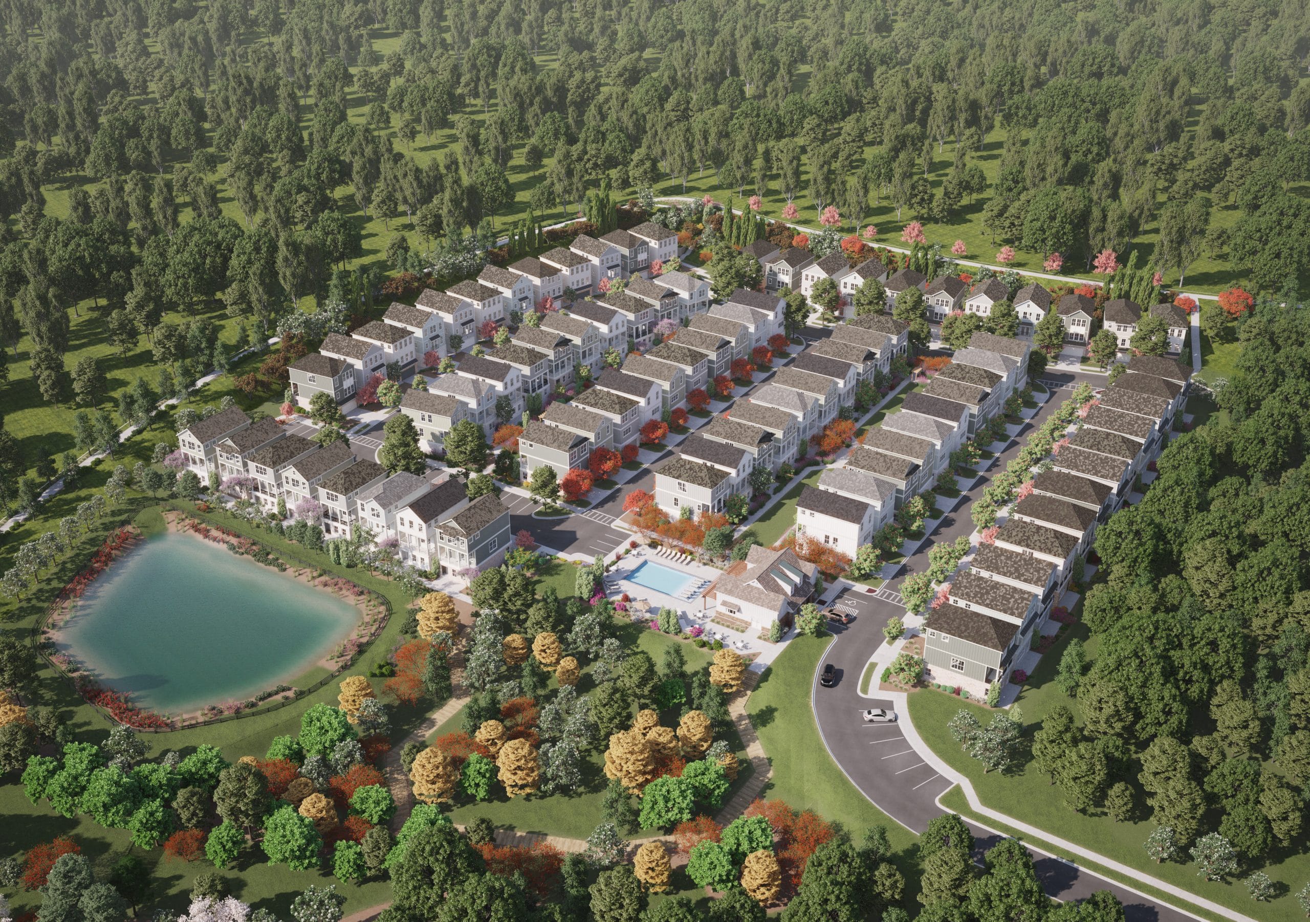 Aerial view of residential neighborhood with houses, townhouses, swimming pool, pond, greenery, and walking paths.